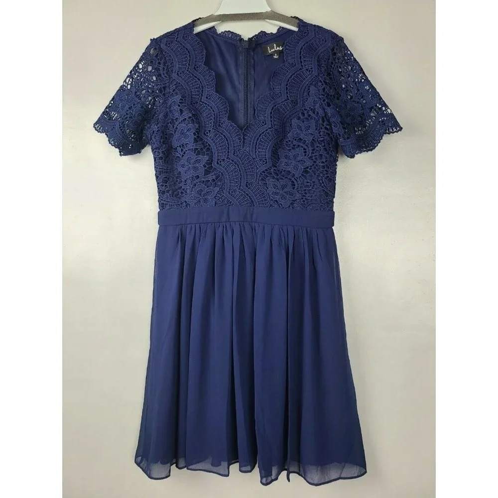 Lulus Lace Skater Dress Womens Small Blue Crochet‎ Short Sleeve Cocktail Party